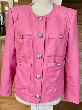 Veronica Beard Pink Vegan Leather Cirtane Button-Front Jacket